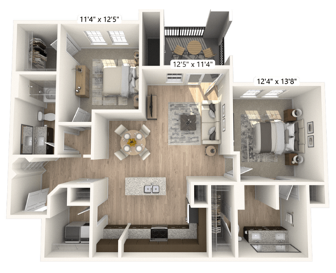 Floor plan for 2 beds, 2 baths, 1125 sqft